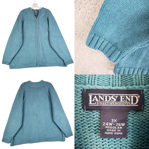 Lands End Sweater Blue Teal Full Zip Women’s Plus Size 3X Cotton Knit - Picture 1 of 9
